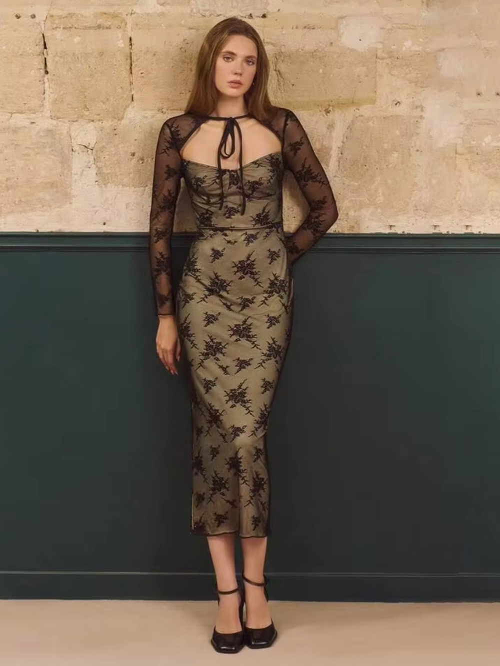 LacRébo Black Lace Sheer Long Sleeve Midi Dress